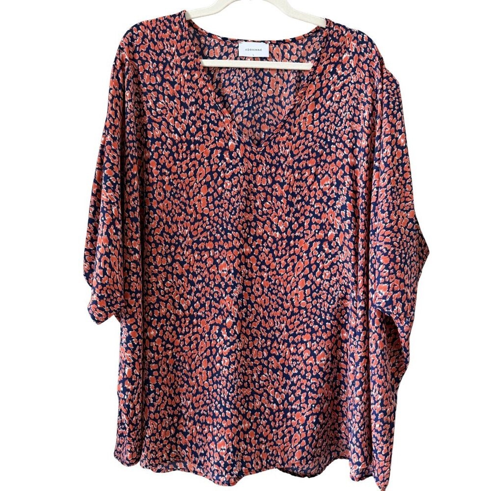 Adrienne Navy & Coral Leopard Print V-Neck Top - Size L